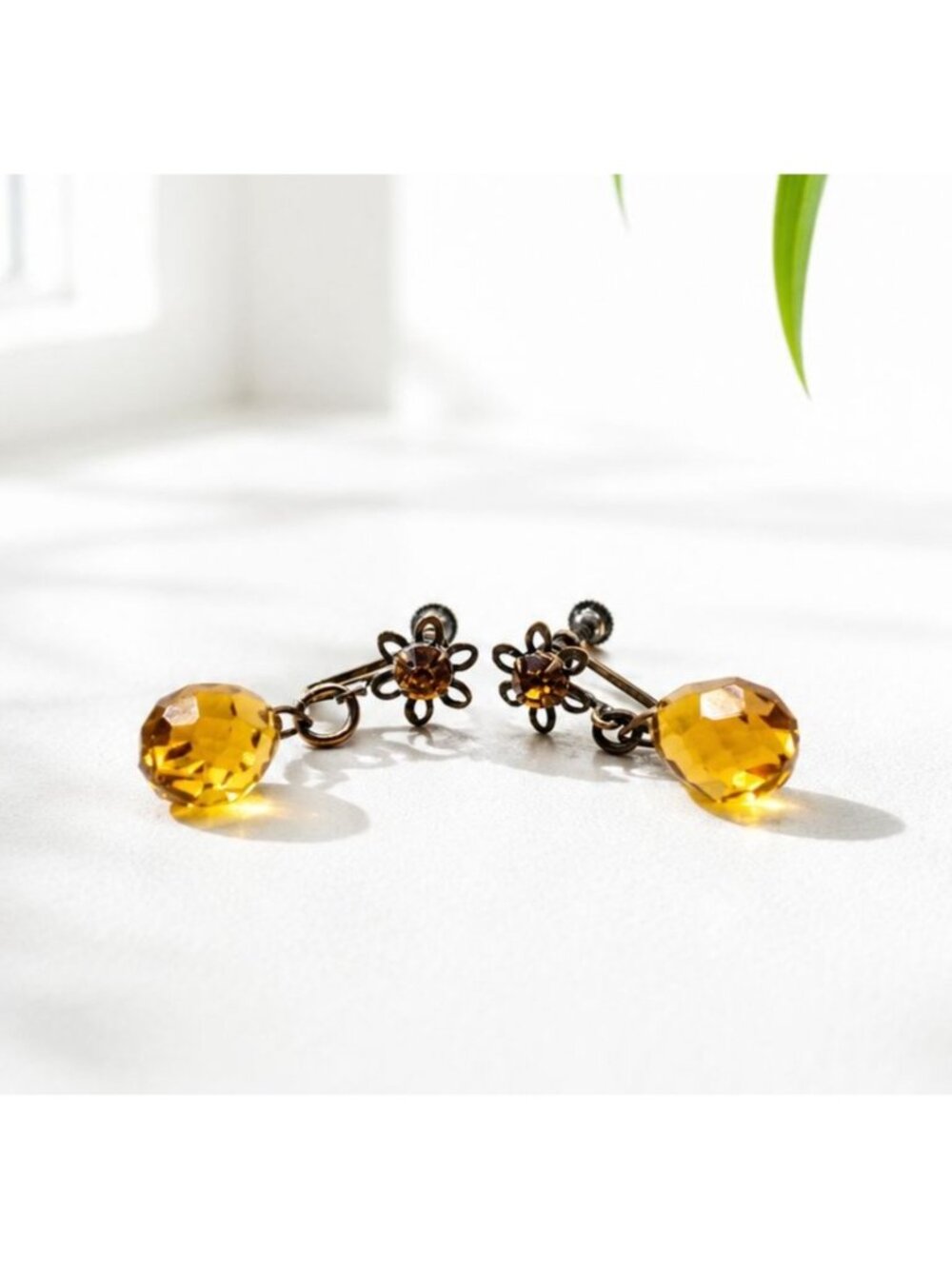 Vintage Screw-Back Earrings With Amber-Colored Glass Drops & Floral Design